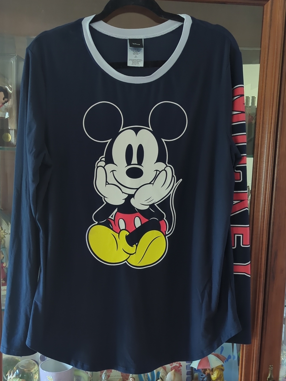 Disney Navy Long Sleeve Tee with Mickey Front Graphic and Red Sleeve Lettering